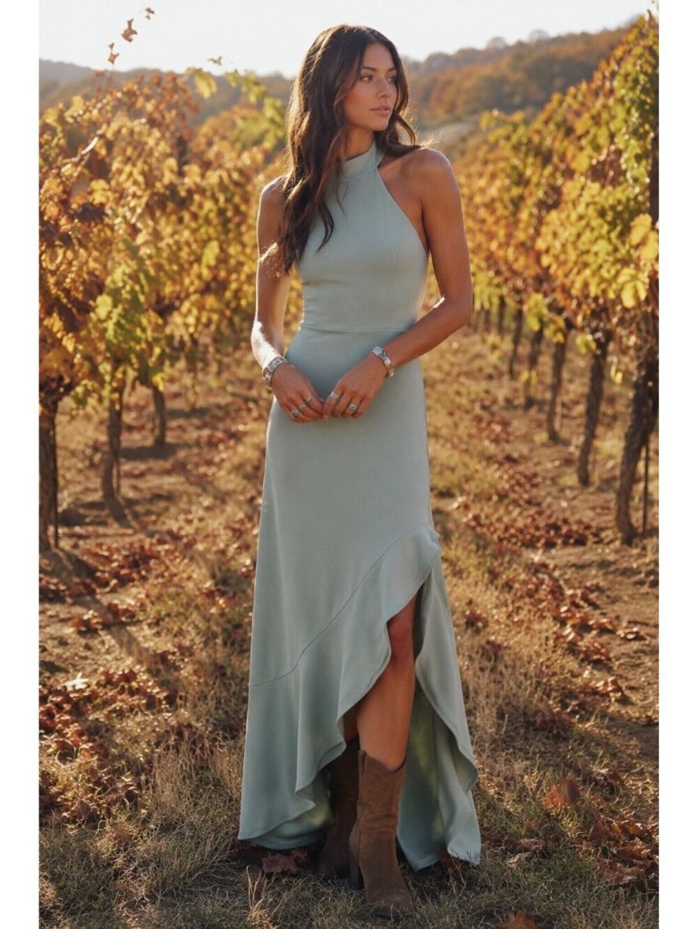 Lulus Majestic Perfection Maxi Dress Sz XS Sage Green Ruffled Halter Gown Formal